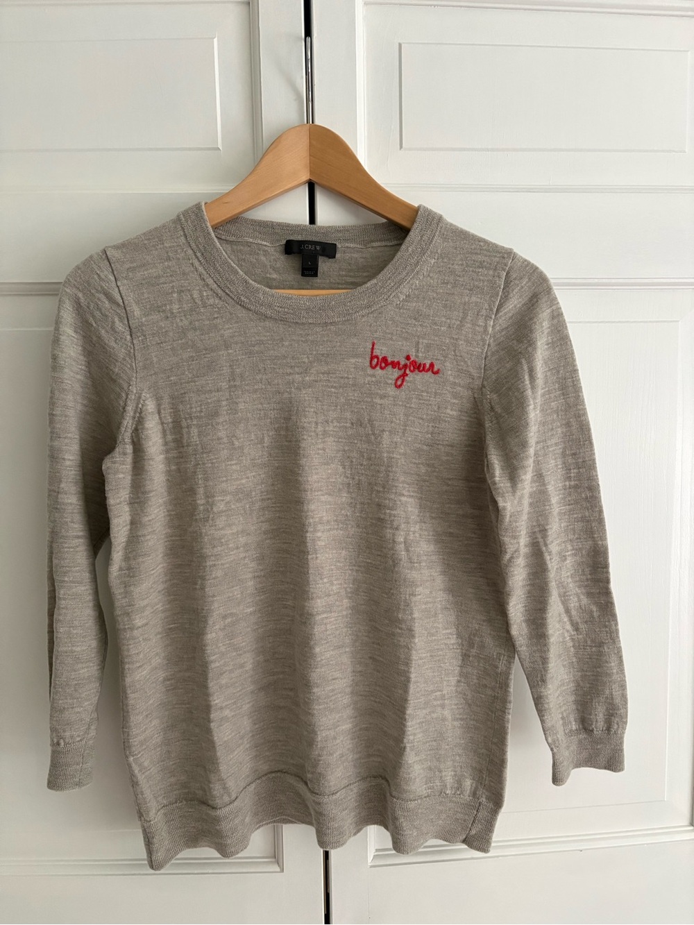 J. Crew Heathered Gray Merino Sweater with Red 'bonjour' Script
